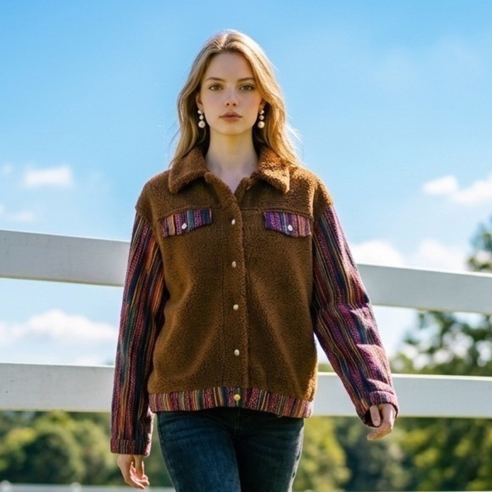 Southern Grace Womens Brown Sherpa Jacket Striped Knit Sleeves Western Boho L